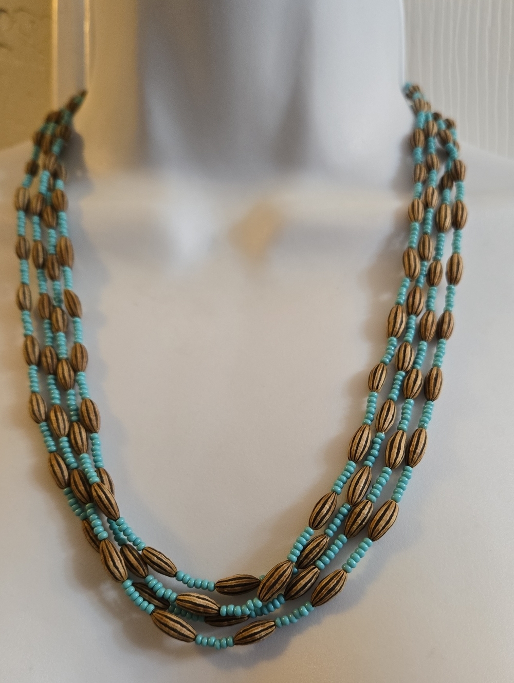Turquoise and Natural Wood Multi-Strand Necklace